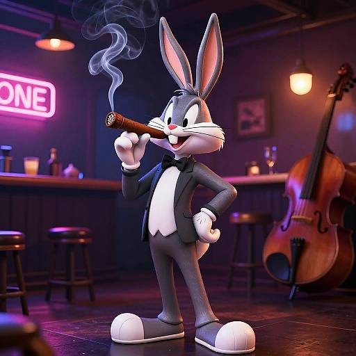 CGI image of a stylish, anthropomorphic gray rabbit in a black tuxedo, smoking a cigar in a neon-lit bar with a c