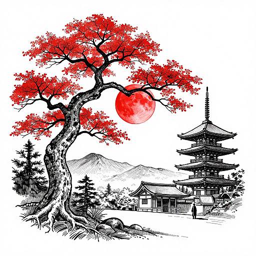 Ink drawing of a red-leaved bonsai tree under a red sun, with traditional Japanese temple and mountains in the background.