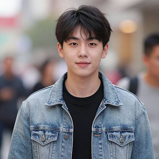 Photograph of a young Asian man with medium-length black hair, wearing a light blue denim jacket over a black shirt, standing in a blurred urban street