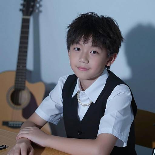Young Boy with Guitars in Dim Light