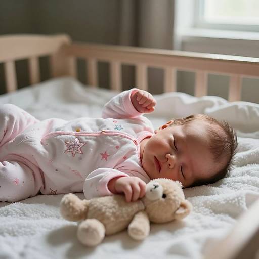 Photograph of a sleeping baby in pink star-patterned pajamas, lying on a white crib mattress, clutching a beige teddy bear, bath