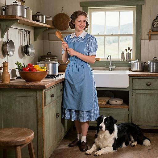 Photograph of a smiling woman in a blue gingham apron and pinafore, holding a spoon, standing in a rustic kitchen with a black