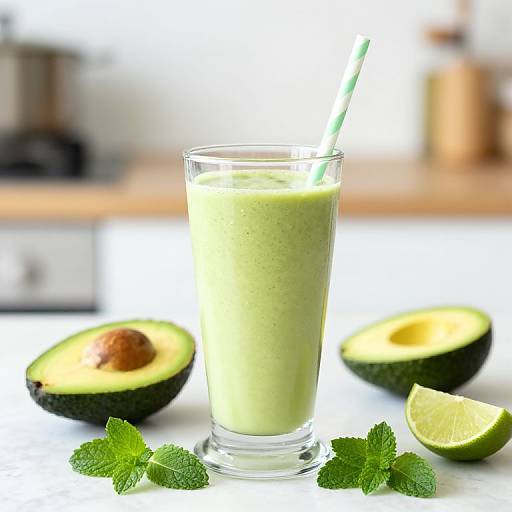 Photograph of a green avocado smoothie in a glass with a green-striped straw, surrounded by avocado halves, lime wedge, and fresh mint leaves on