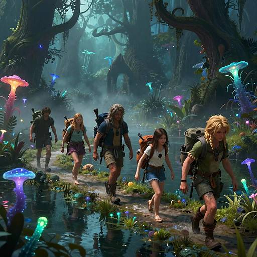 Digital fantasy artwork of four adventurers, with backpacks and weapons, walking through a glowing, enchanted forest with colorful mushrooms and mist.