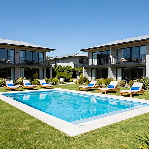 Photograph of a modern two-story house with blue-tinted glass windows, a rectangular pool, and blue-and-white lounge chairs on a lush green