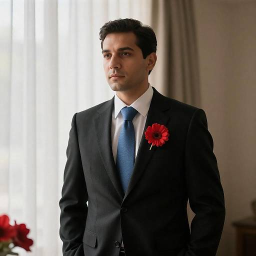 Elegantly Dressed Man with Red Flowers
