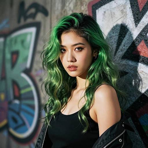 Photograph of a young Asian woman with green wavy hair, wearing a black tank top and off-shoulder jacket, standing against a graffiti-covered