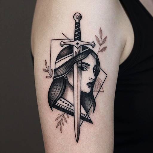 Black-and-white tattoo of a woman's face with long hair, wearing a helmet, behind a sword, surrounded by leaves and geometric shapes, on a