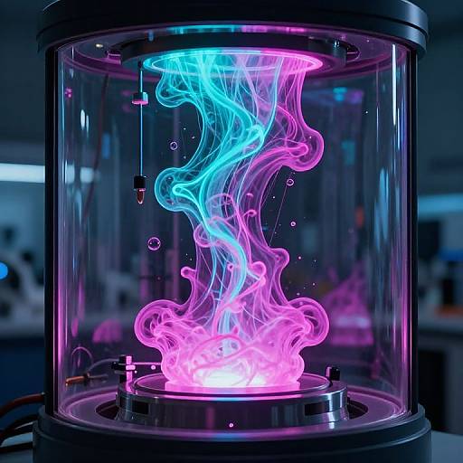 Photograph of a vibrant neon blue and pink liquid-like light trapped in a clear cylindrical container, with a metallic base, against a blurred laboratory background.