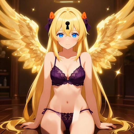Digital anime-style drawing of a blonde, blue-eyed angel with golden wings, wearing black lace lingerie, key symbol on forehead, sitting on dark floor.