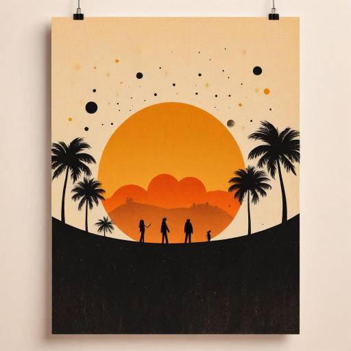 Silhouetted Figures at Sunset with Palm Trees and Planets
