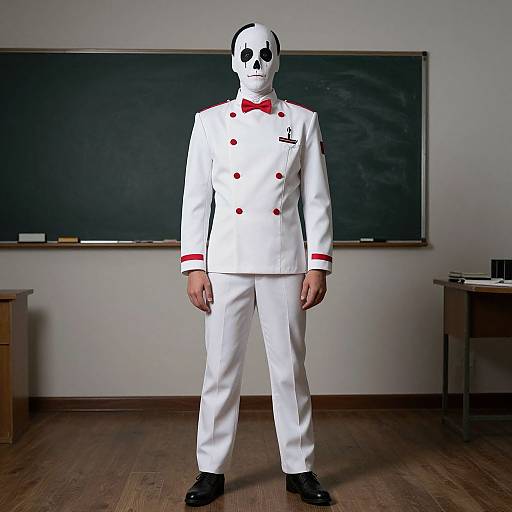 Photograph of a man in a white military-style uniform with red buttons and bowtie, wearing a white skull mask, standing in front of a black