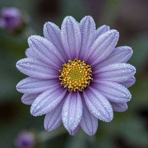 Close-up photograph of a purple daisy-like flower with white dewdrops on petals, yellow center, and blurred green background.