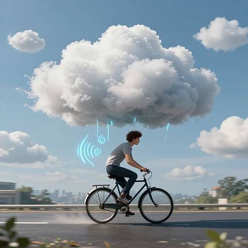 Photograph-like digital art of a man in a grey shirt and blue jeans riding a bicycle, with a large cloud above emitting blue WiFi signals against a