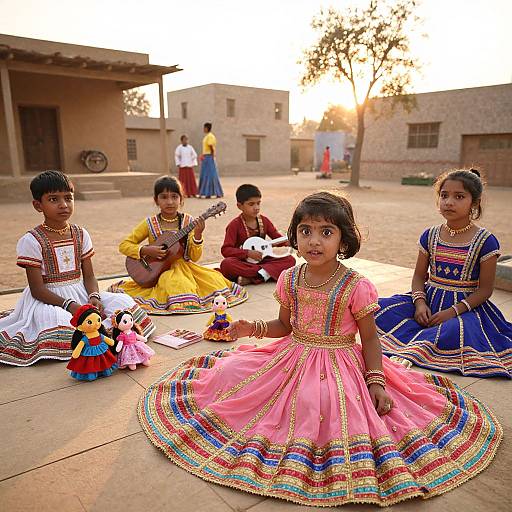 Photograph of five Indian children in colorful traditional dresses, sitting on a sunlit concrete courtyard, with a guitar, dolls, and rural buildings in the