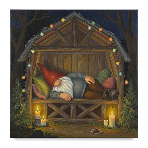 A sleeping, bearded gnome in a red hat and gray robe, surrounded by colorful pillows, on a wooden, lantern-lit, fairy-tale