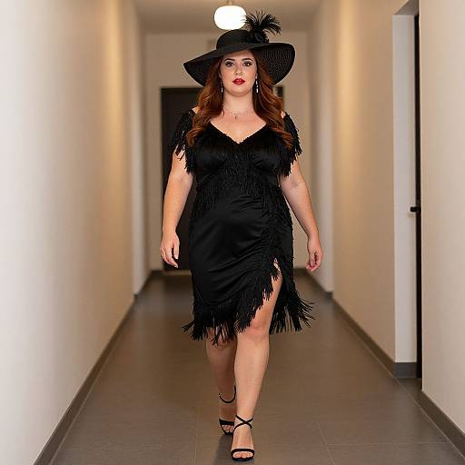 Photograph of a plus-sized woman with long red hair, wearing a black fringe dress, wide-brimmed hat with feather, and strappy heels