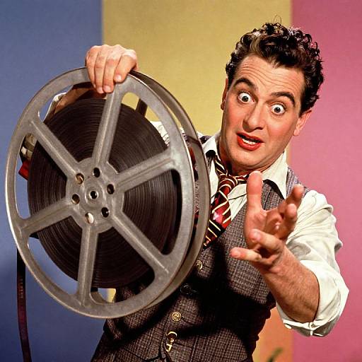 Photograph of a surprised man with curly black hair, wearing a white shirt, red tie, and gray vest, holding a film reel, pointing forward