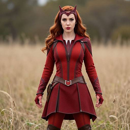 Photograph of a red-haired woman in a red, zippered superhero outfit with headpiece, standing in a grassy field, hands by her sides