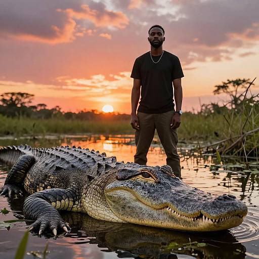 Confident Man Beside Massive Alligator