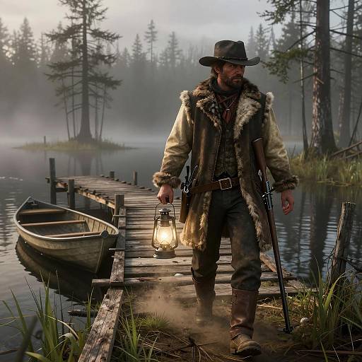 Rugged Trapper Walking on Foggy Lakeside Jetty