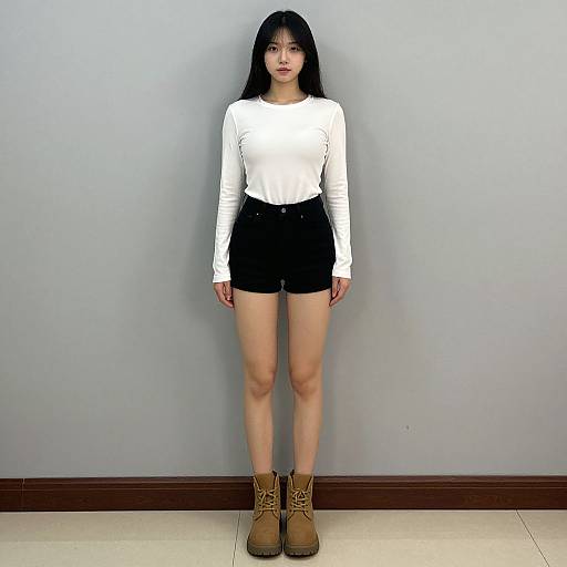 Photograph of an Asian woman with long black hair, wearing a white long-sleeve shirt, black shorts, and tan boots, standing against a