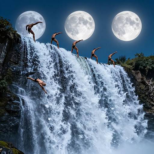 Photograph of seven shirtless men mid-air diving off a powerful waterfall, set against a night sky with three large, bright full moons.