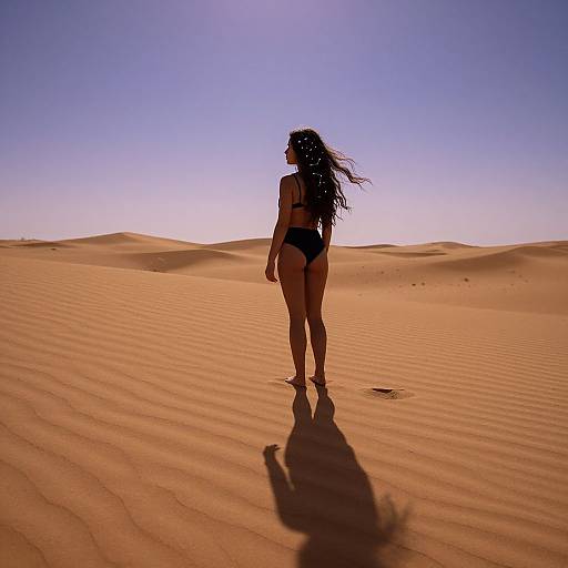 Photograph of a woman with long, wavy hair in a black bikini standing in a vast, sunlit desert with rippled sand and a clear