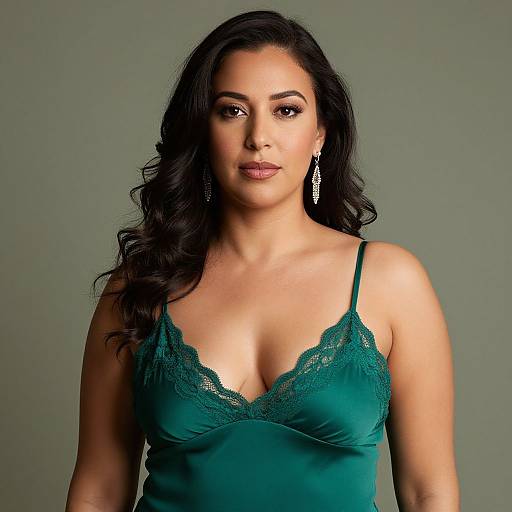 Photograph of a confident woman with long black hair, wearing a green lace-trimmed camisole, and silver earrings, against a gray background
