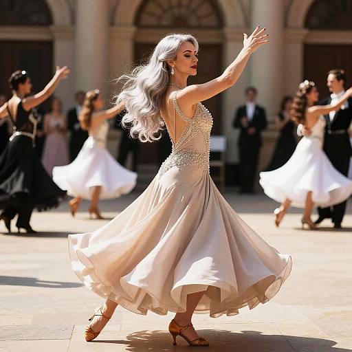 Photograph of a silver-haired woman in a sparkling, backless, beige ball gown dancing elegantly outdoors with blurred dancers in formal attire.