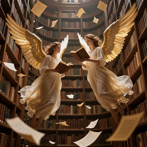 Photograph of two ethereal, golden-winged, white-robed angels mid-flight in a grand library, surrounded by floating papers, reading books.