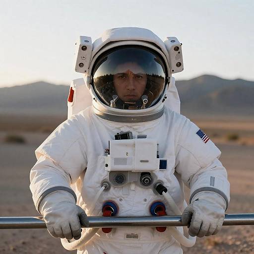Astronaut in Spacesuit Holding Metal Bar