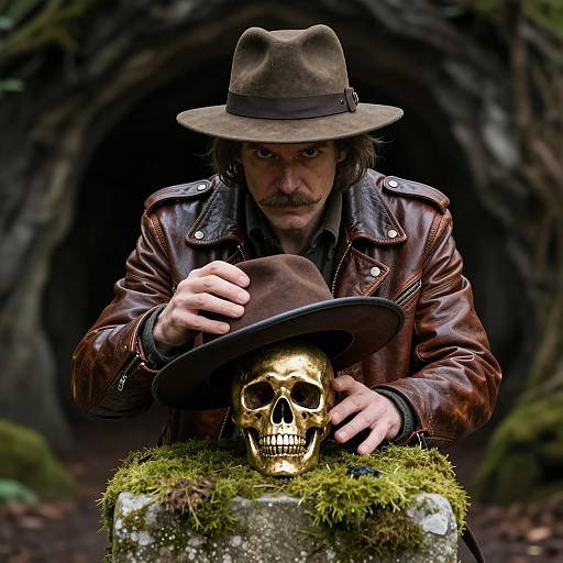 Mysterious Man with Golden Skull Artifact