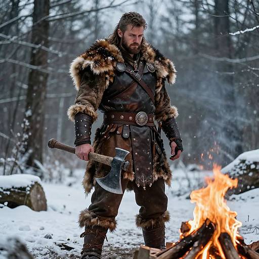 Photograph of a rugged Viking warrior with fur-trimmed clothing, holding a large axe, standing by a bright fire in a snowy forest.