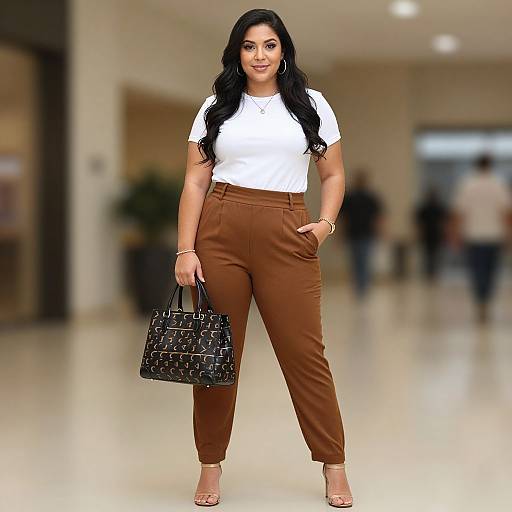Photograph of a confident woman with long black hair, wearing a white top, brown high-waisted pants, holding a black woven bag, standing