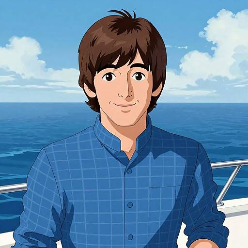 Digital drawing of a smiling man with brown hair, wearing a blue checkered shirt, against a bright blue ocean and sky background.