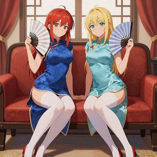 Two Anime Girls in Cheongsam Sitting on Red Couch