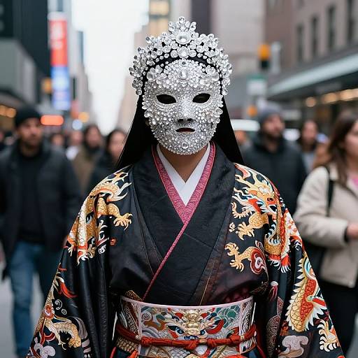 Photograph of a person in an ornate silver mask and black kimono with colorful dragon embroidery, standing in a busy urban street at night. Bl