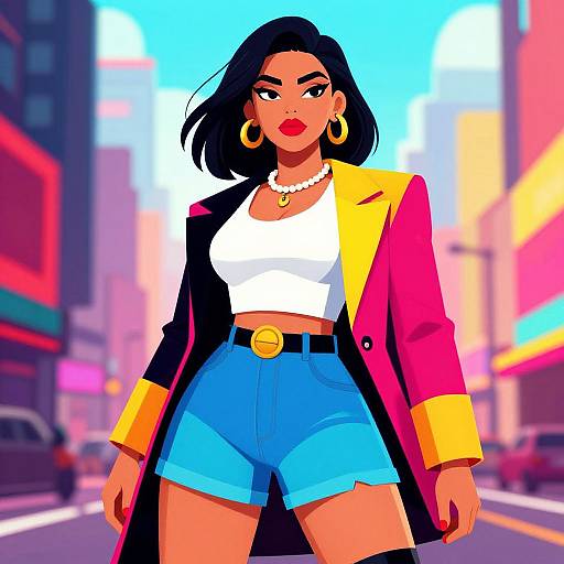 Digital illustration of a confident woman with dark hair, red lipstick, gold hoop earrings, white crop top, blue shorts, pink-yellow-black coat, pearl