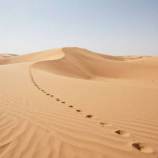 Photograph of a sunlit desert with rippled sand dunes, a single trail of footprints curving upward toward the bright, clear sky.