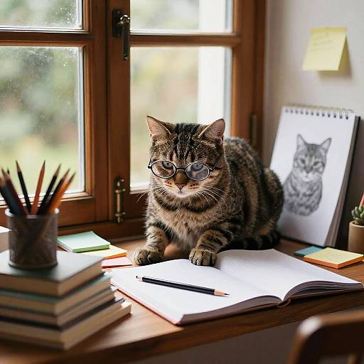 Cozy Tabby Cat Studying in Nook