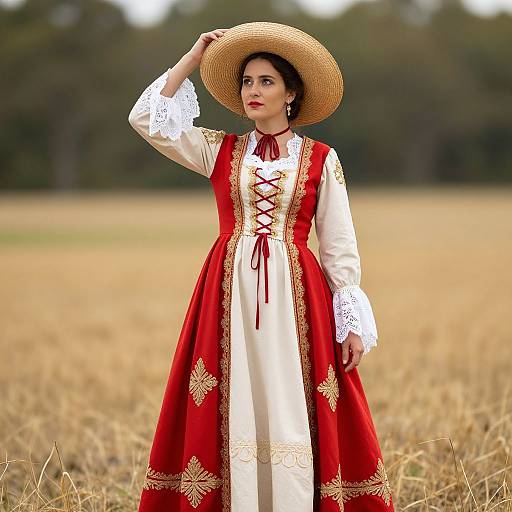 Photograph of a fair-skinned woman with dark hair, wearing a red and white embroidered dress, lace sleeves, and a straw hat, standing in