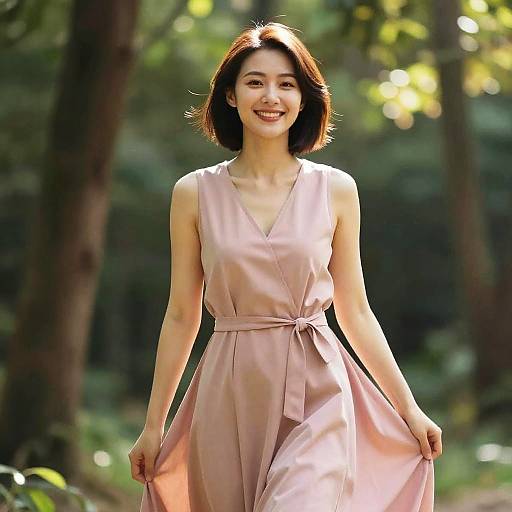 Photograph of a smiling Asian woman with short brown hair, wearing a sleeveless pink wrap dress, standing in a sunlit forest.