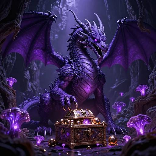 Digital artwork of a majestic, purple-scaled dragon with glowing wings and sharp horns, guarding a glowing treasure chest amidst bioluminescent mushrooms in a