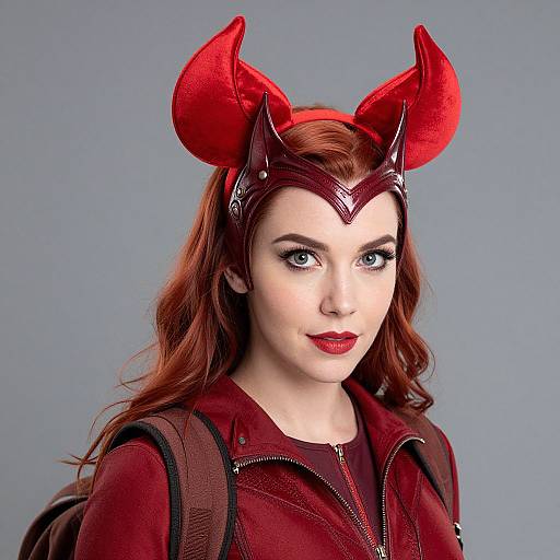 Photograph of a pale-skinned woman with red hair, wearing a red devil horn headpiece, matching red lipstick, and red jacket, against a
