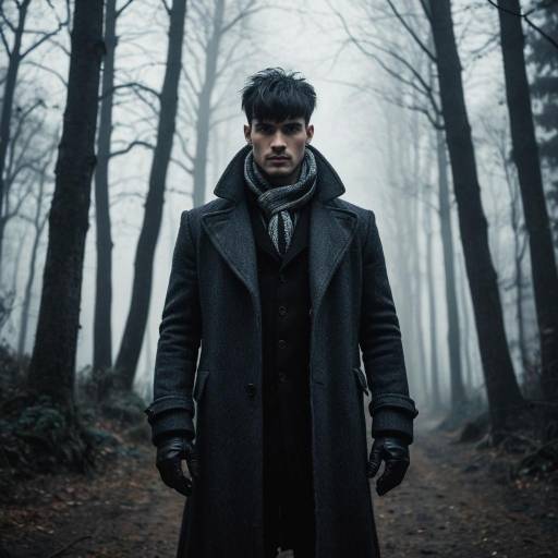 Man in Gothic Coat in Foggy Forest