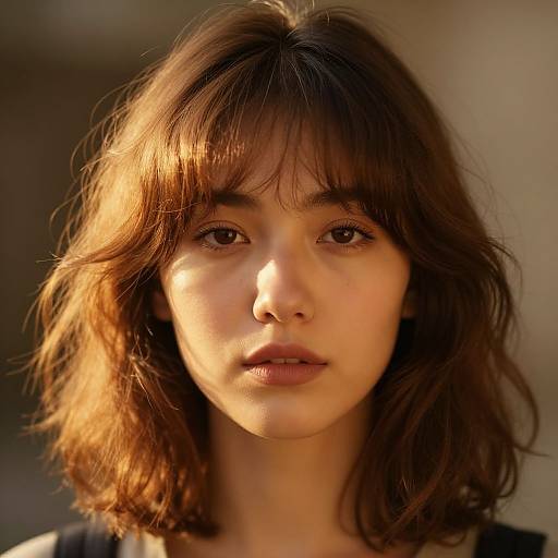 Photograph of a young woman with light brown, wavy shoulder-length hair and bangs, soft sunlight highlighting her face, neutral expression, warm brown