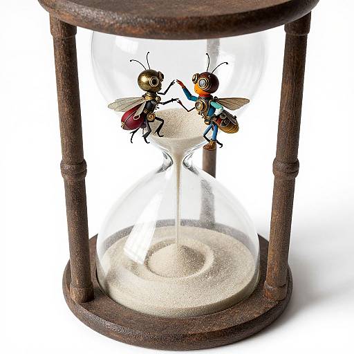 Photograph of two detailed, colorful fly figurines, one red-winged and one blue-winged, holding hands within a clear, wooden hourglass