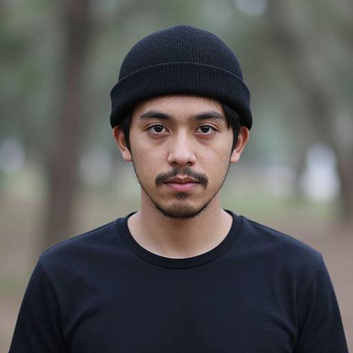 Photograph of an Asian man with medium skin tone, black beanie, mustache, black shirt, and blurred forest background. Serious expression.
