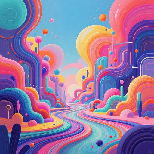 Bright, surreal digital artwork of a winding path through vibrant, colorful abstract waves and floating spheres in neon pinks, blues, and oranges.